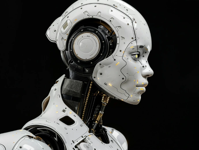 A white robot is standing in front of a black background